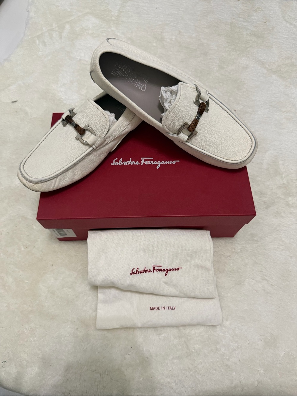 Salvatore Ferragamo White Pebbled Leather Bit Loafers